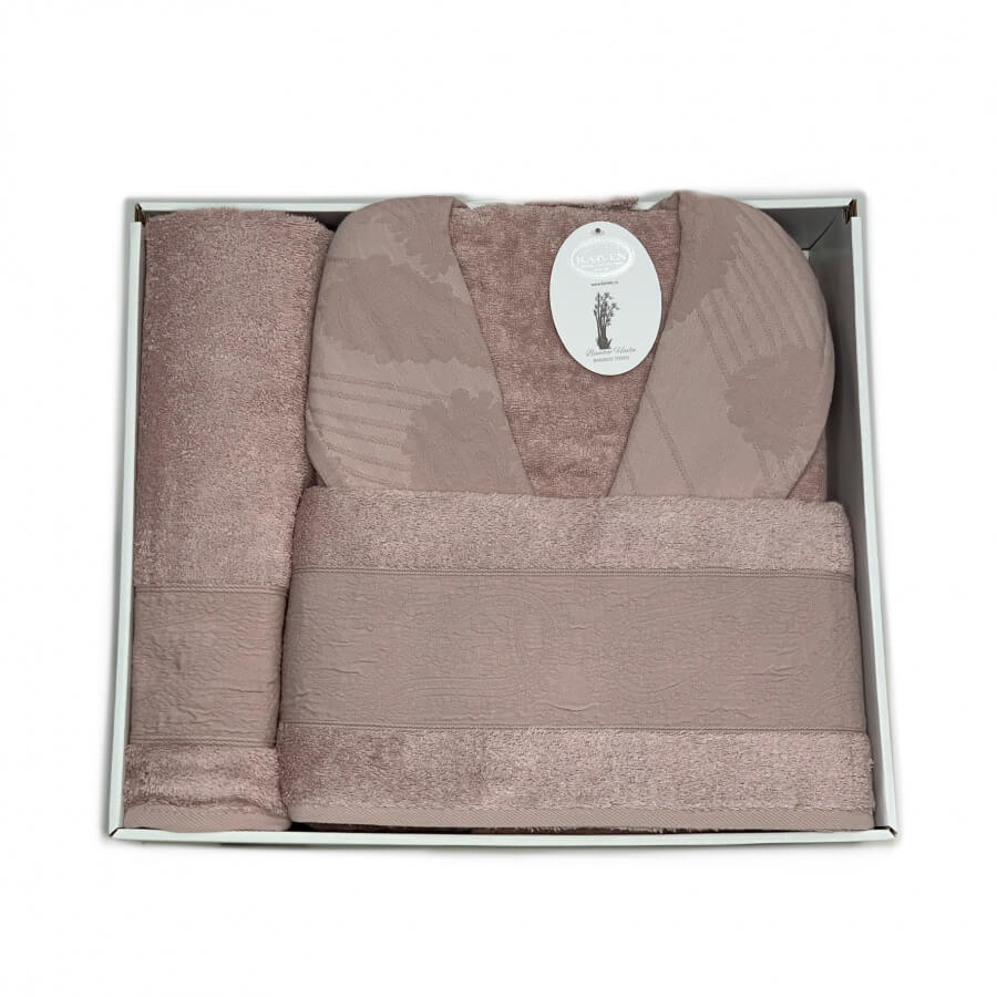 Банный халат Yasmina цвет: розовый, серый (L-XL), размер L-xL kvn954866 Банный халат Yasmina цвет: розовый, серый (L-XL) - фото 1