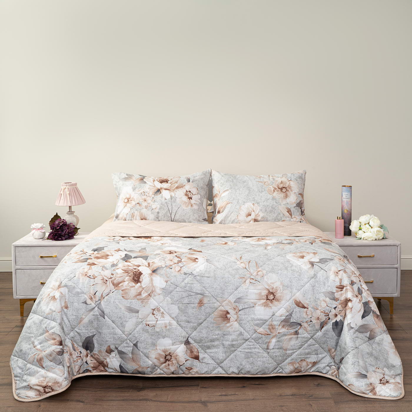 Постельное белье с одеялом-покрывалом Массимо цвет: серый, персиковый (семейное)