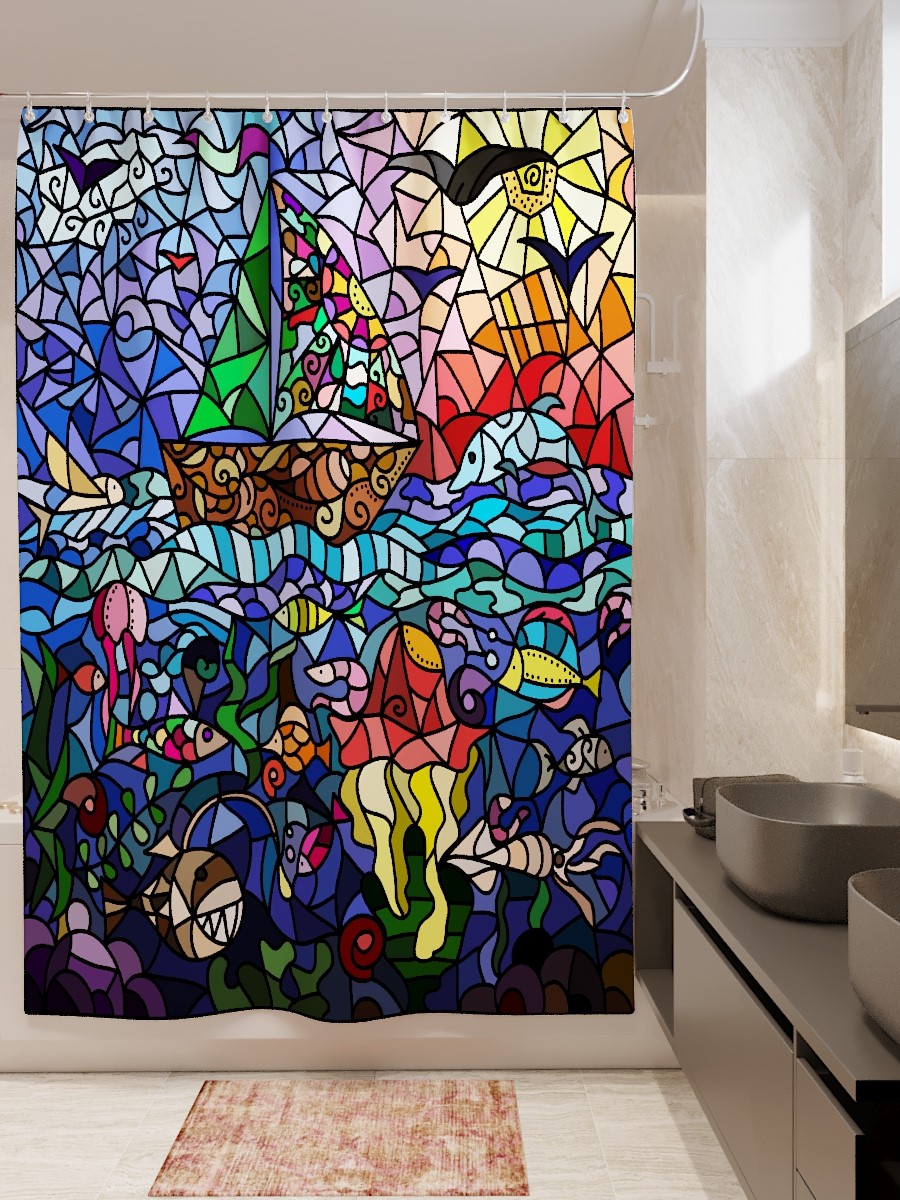 Шторы и карнизы Олимп Текстиль Фотошторы для ванной Витраж парусник (180х200 см)