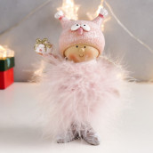 Сувенир Малышка-ангел в розовом, в шапке совы, с подарком (17х11х5 см)