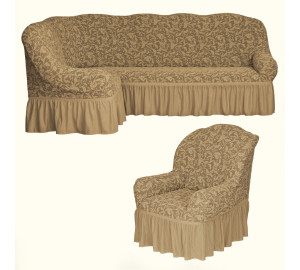 Комплект чехлов на угловой диван (левый угол) и кресло Angelica цвет: светло-бежевый (Одноместный,Трехместный)