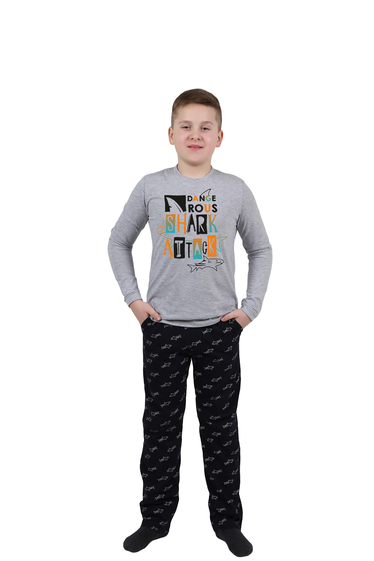 Детская пижама Акула Цвет: Серый Меланж (10 лет), размер 10 лет otj636451 Детская пижама Акула Цвет: Серый Меланж (10 лет) - фото 1
