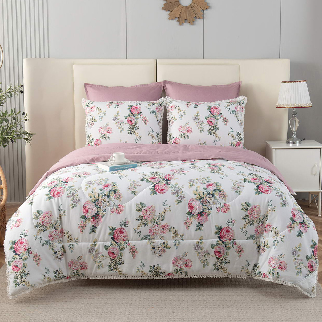 Постельное белье с одеялом-покрывалом Бернадетт цвет: розовый, белый (семейное)