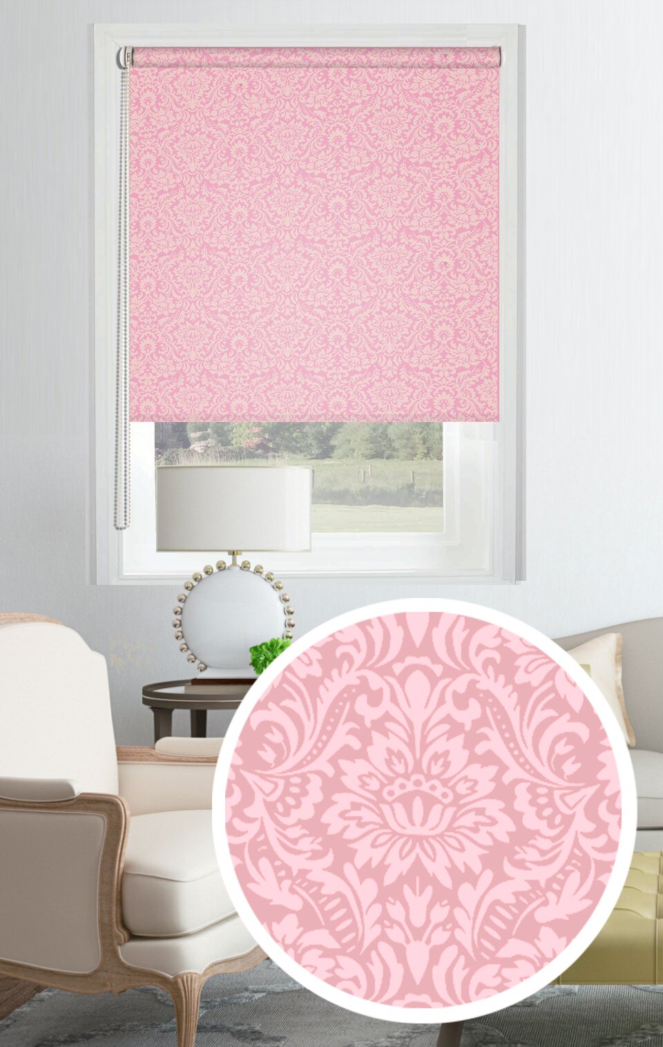 розовые рулонные шторы в интерьере