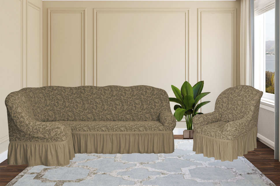 Комплект чехлов на угловой диван и кресло Angelica цвет: бежевый (300 см, 50 см)