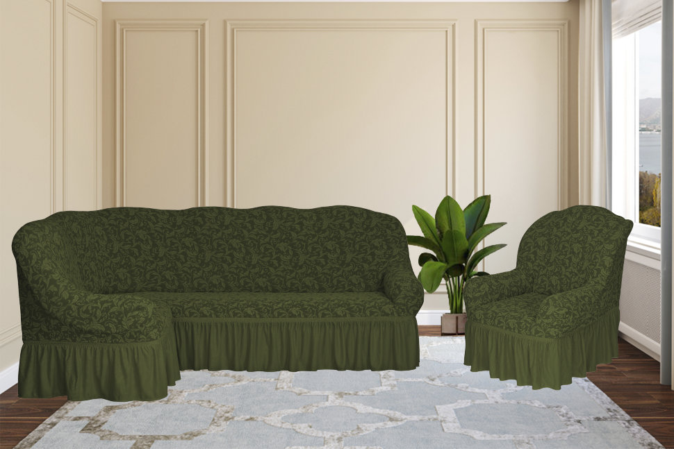Комплект чехлов на угловой диван и кресло Angelica цвет: зеленый (300 см, 50 см)