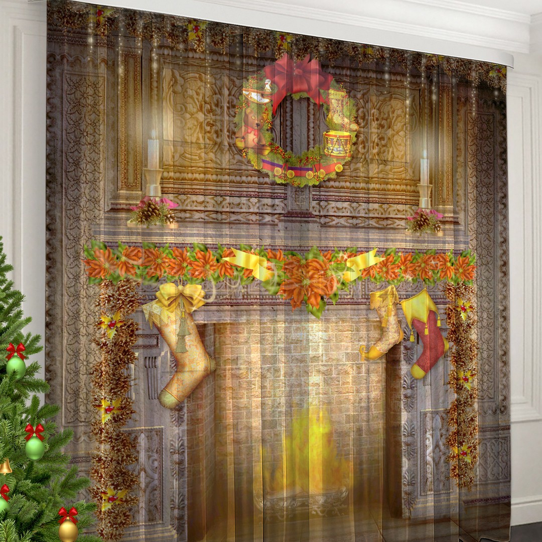Фотошторы Рождественский Камин (145х270 см - 2 шт), размер 145х270 см - 2 шт, цвет коричневый