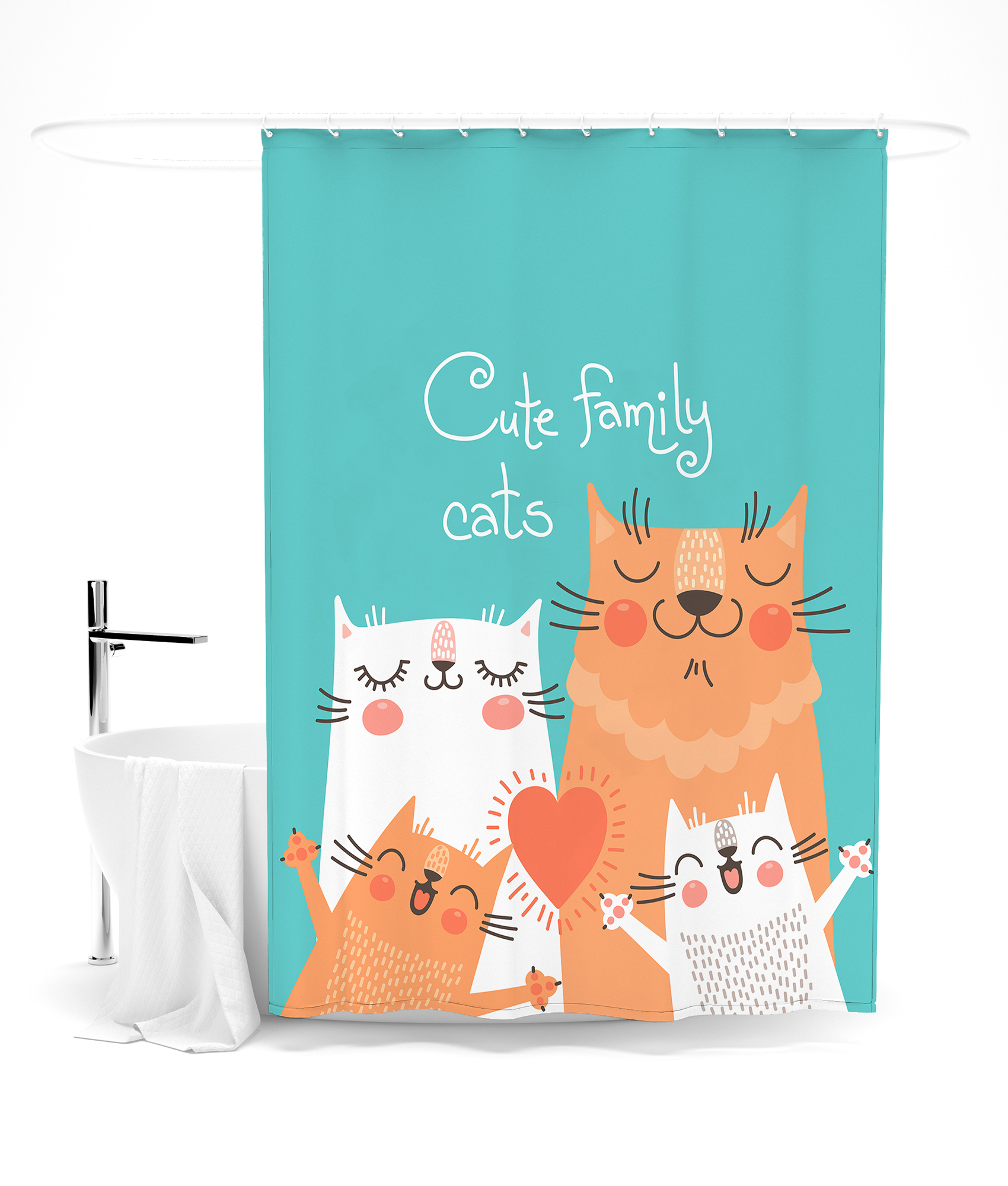 Шторы для ванной Очаровательная Кошачья Семейка, цвет оранжевый